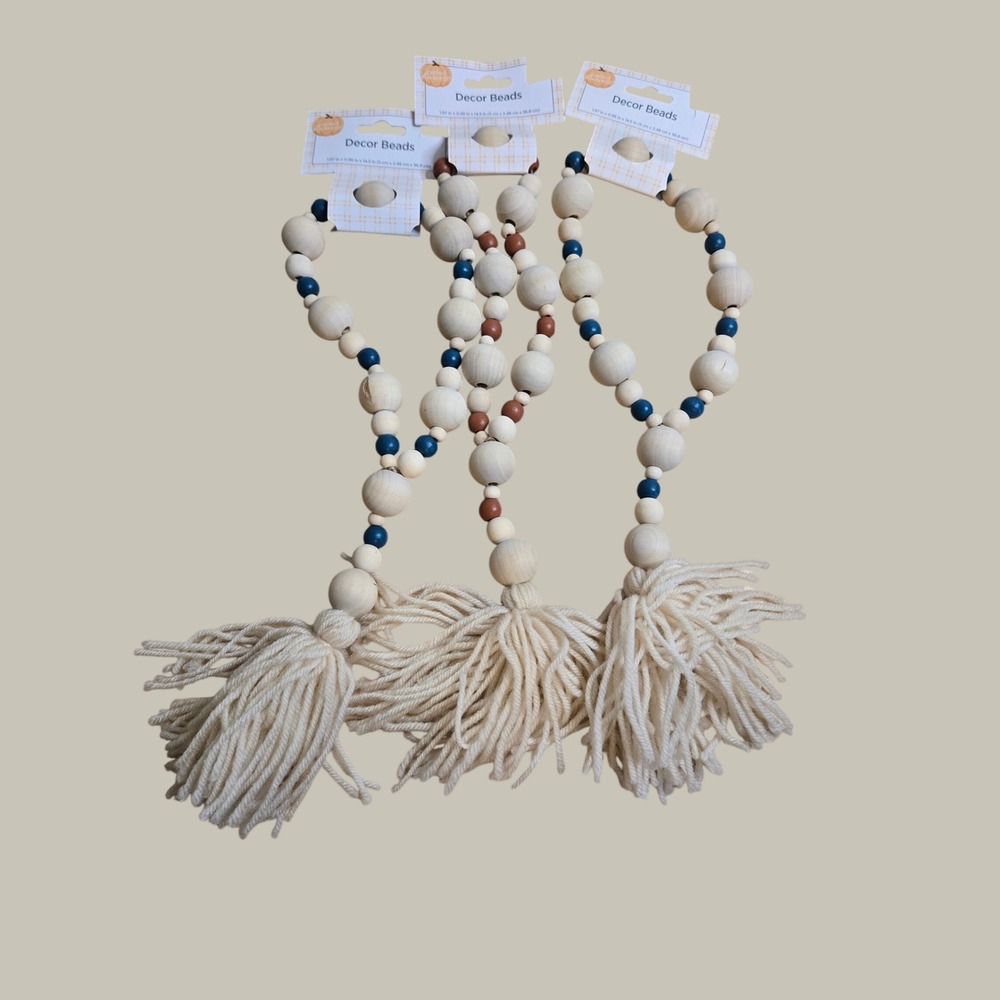Perfect Harvest Wood Decor Beads Farmhouse Garland Blue Orange Tassel Set of 3